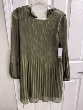 Halogen Olive Green Pleated Long-Sleeve Dress